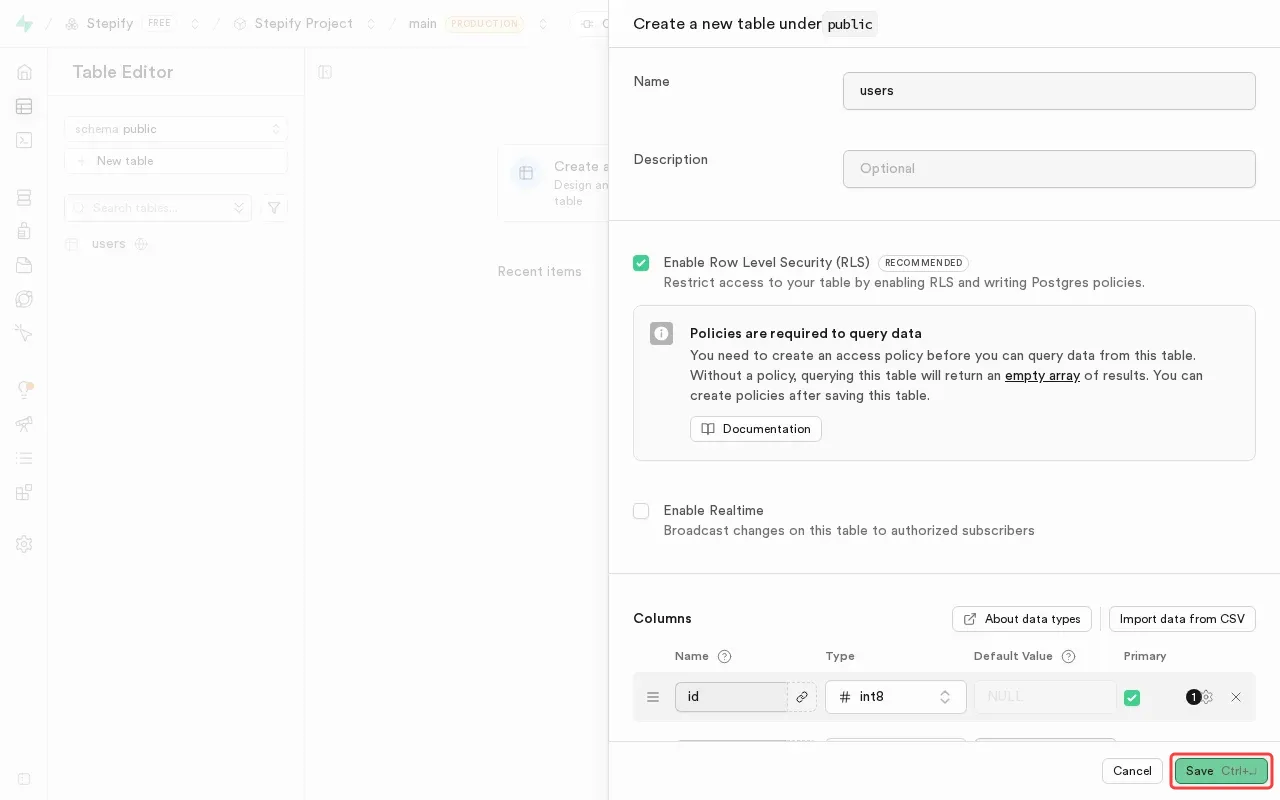Screenshot showing clicking Table Editor in sidebar to access table management