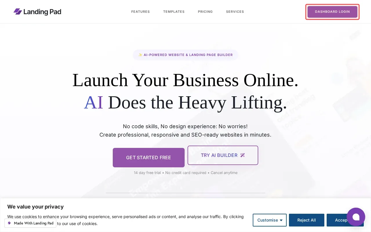 Screenshot showing clicking the purple Dashboard Login in the top-right corner of the page to access the Landing Pad website builder admin interface where you can edit