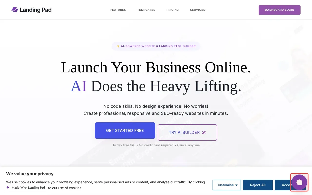Screenshot showing clicking the purple chat button in the bottom-right corner of the page to open a support chat