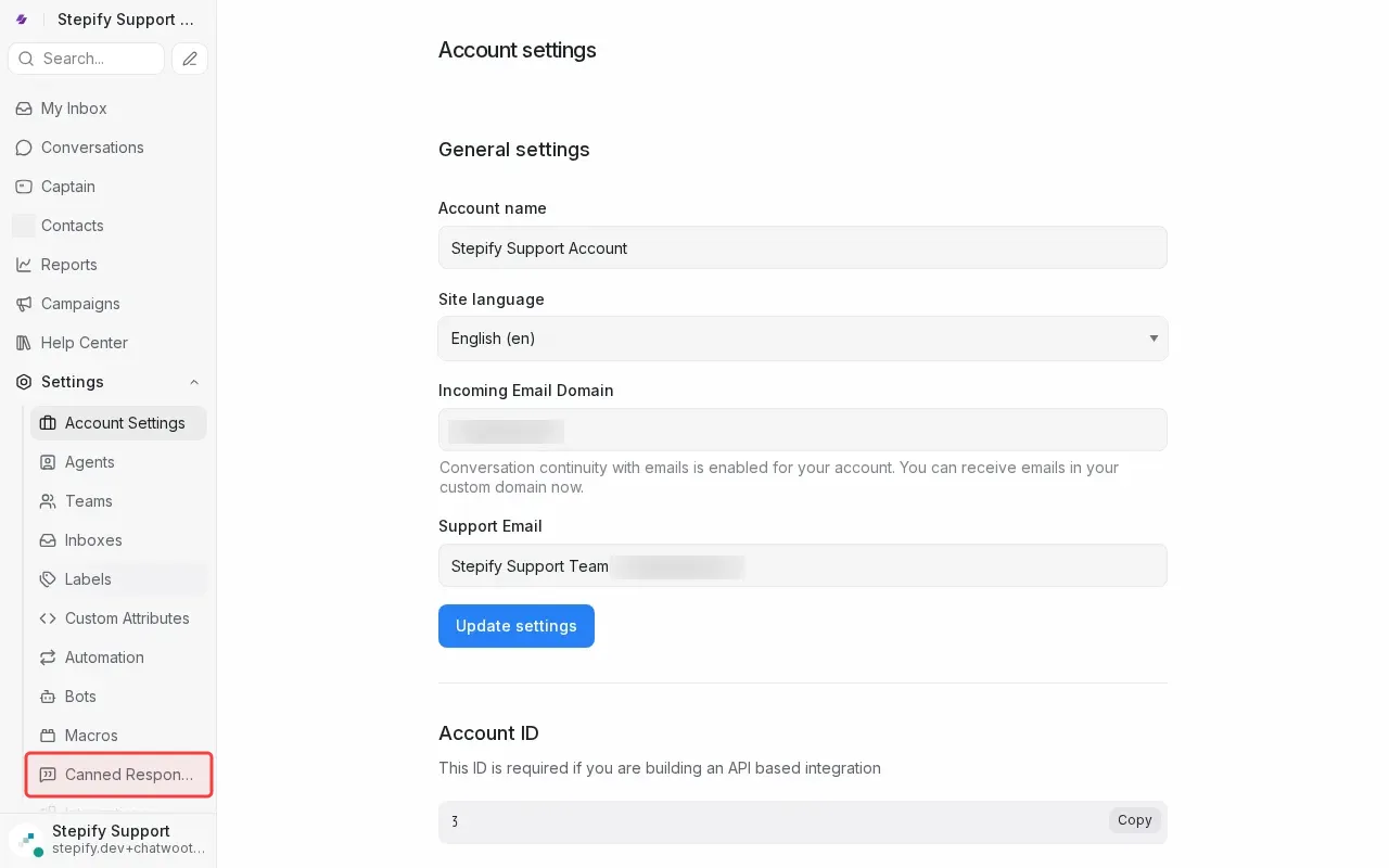 Screenshot showing clicking Canned Responses in settings submenu to access response management