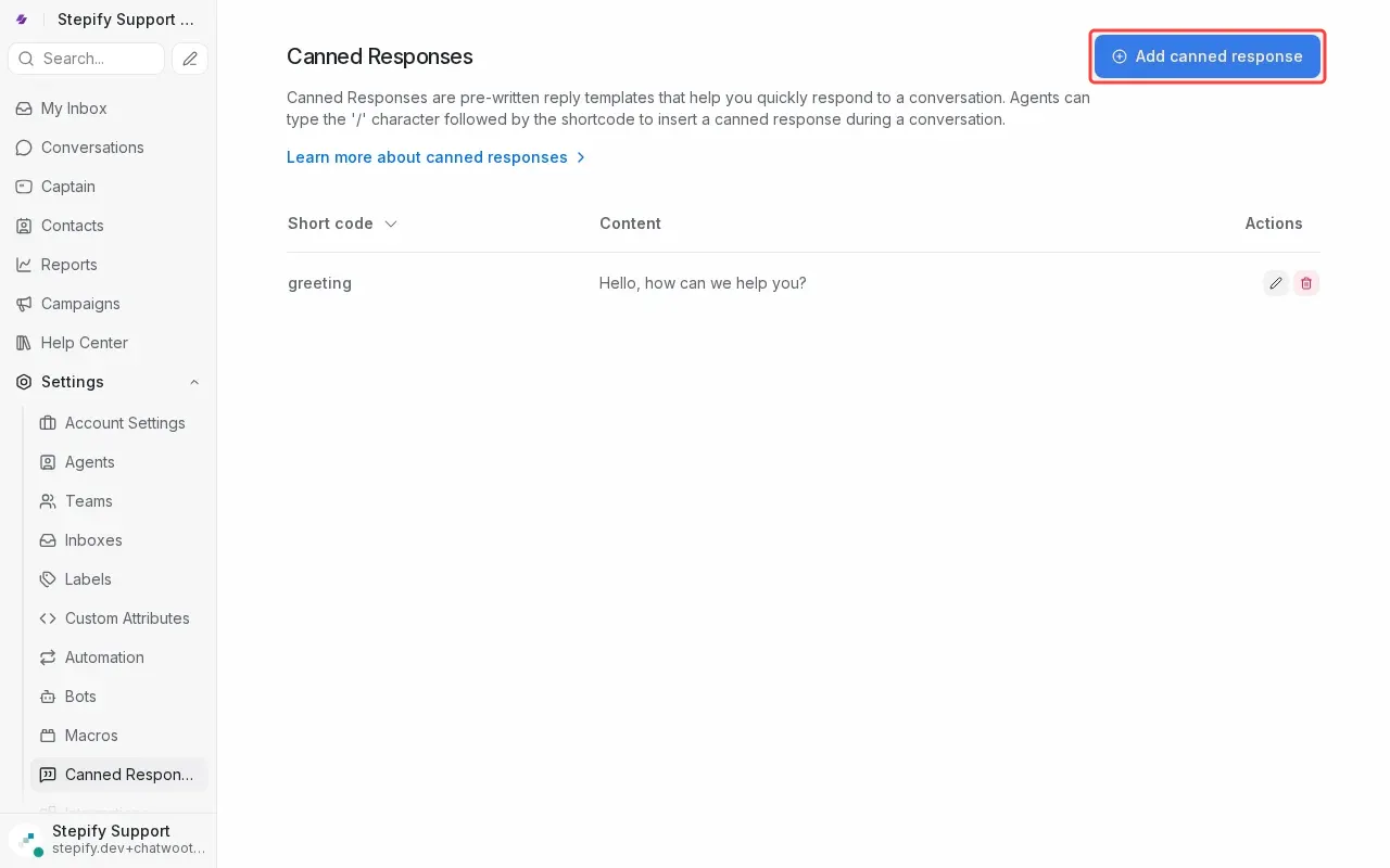 Screenshot showing clicking Add canned response to open creation form