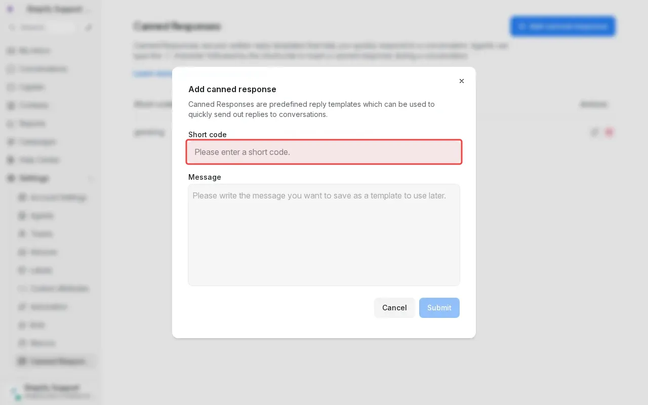 Screenshot showing typing greeting in the short code field