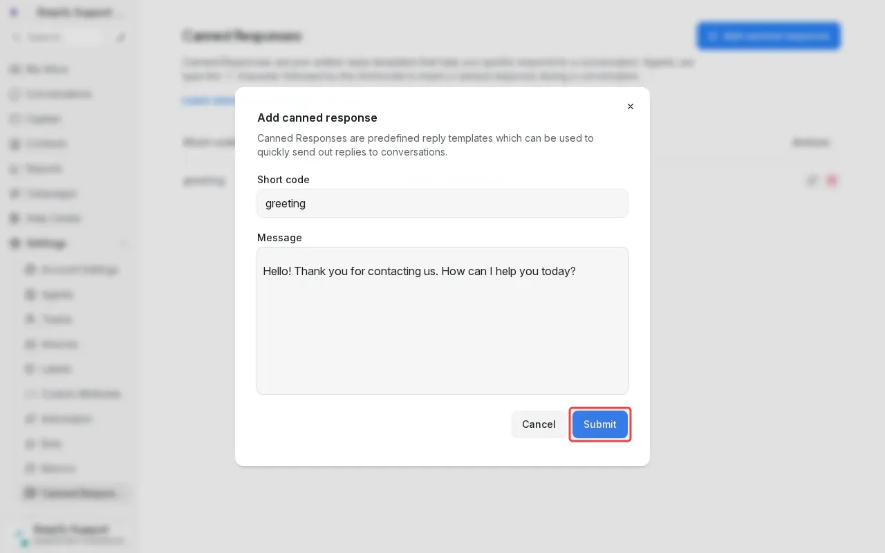 Screenshot showing clicking Submit to save the new canned response