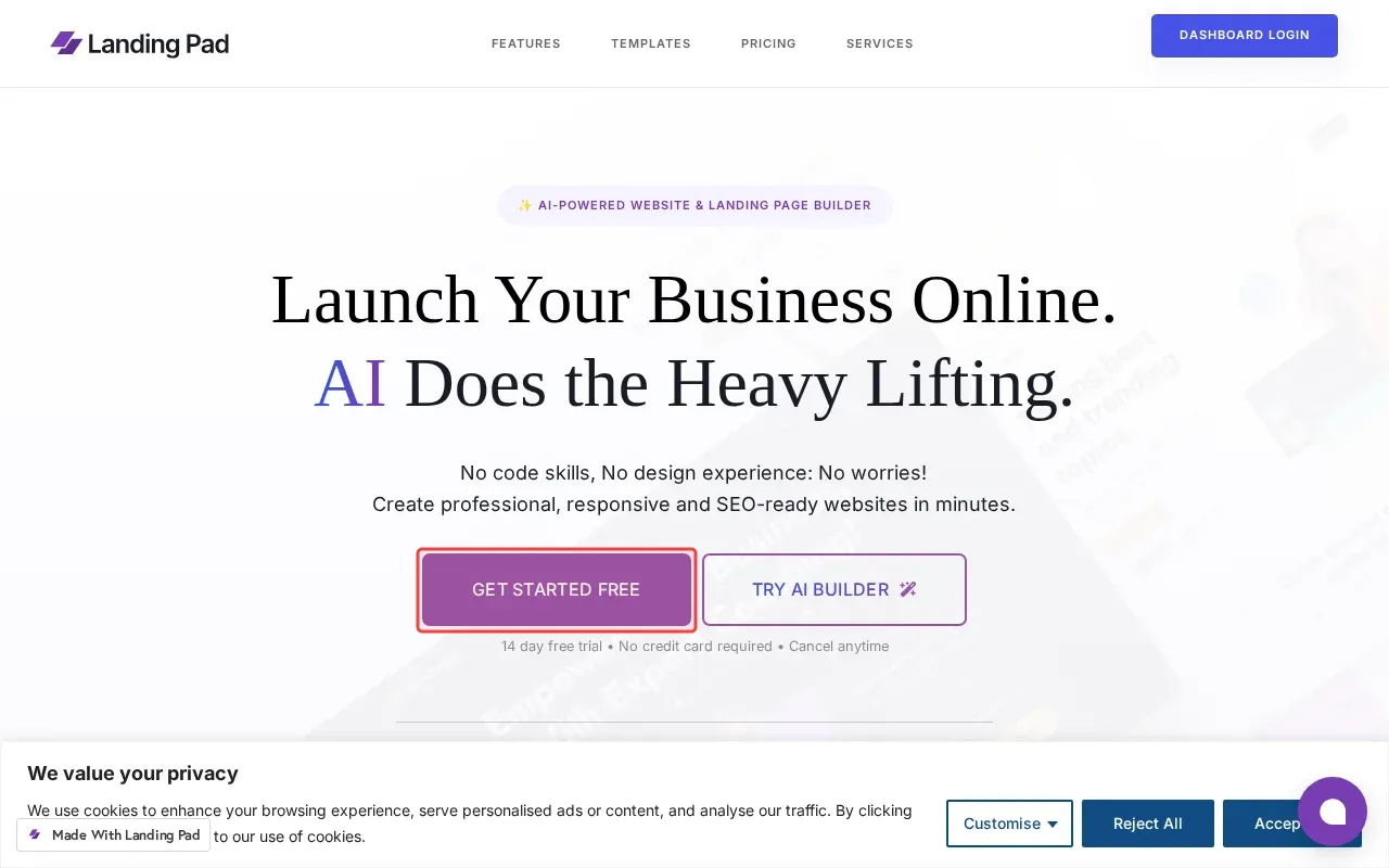 Screenshot showing clicking the purple GET STARTED FREE in the center of the page