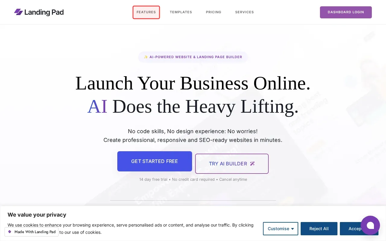 Screenshot showing clicking FEATURES in the top navigation menu