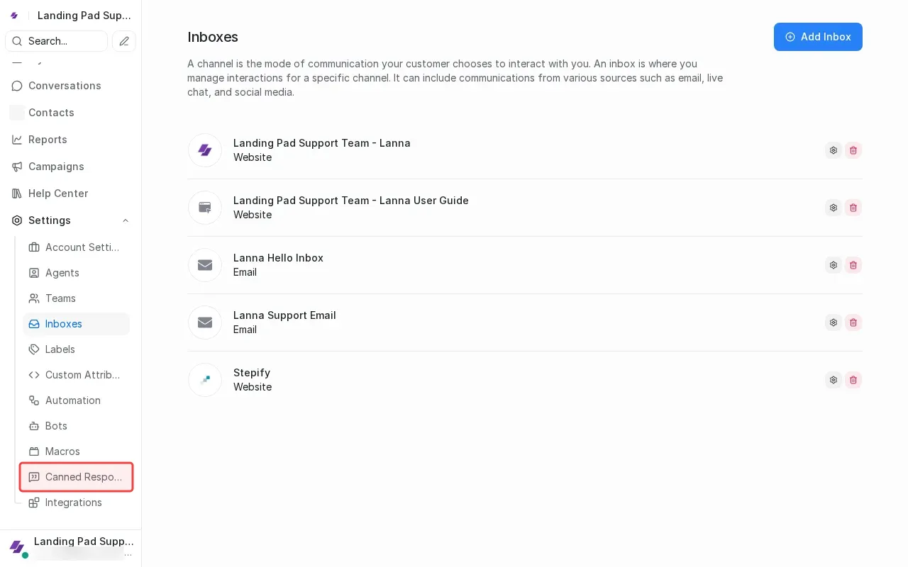 Screenshot showing clicking Canned Responses in settings submenu