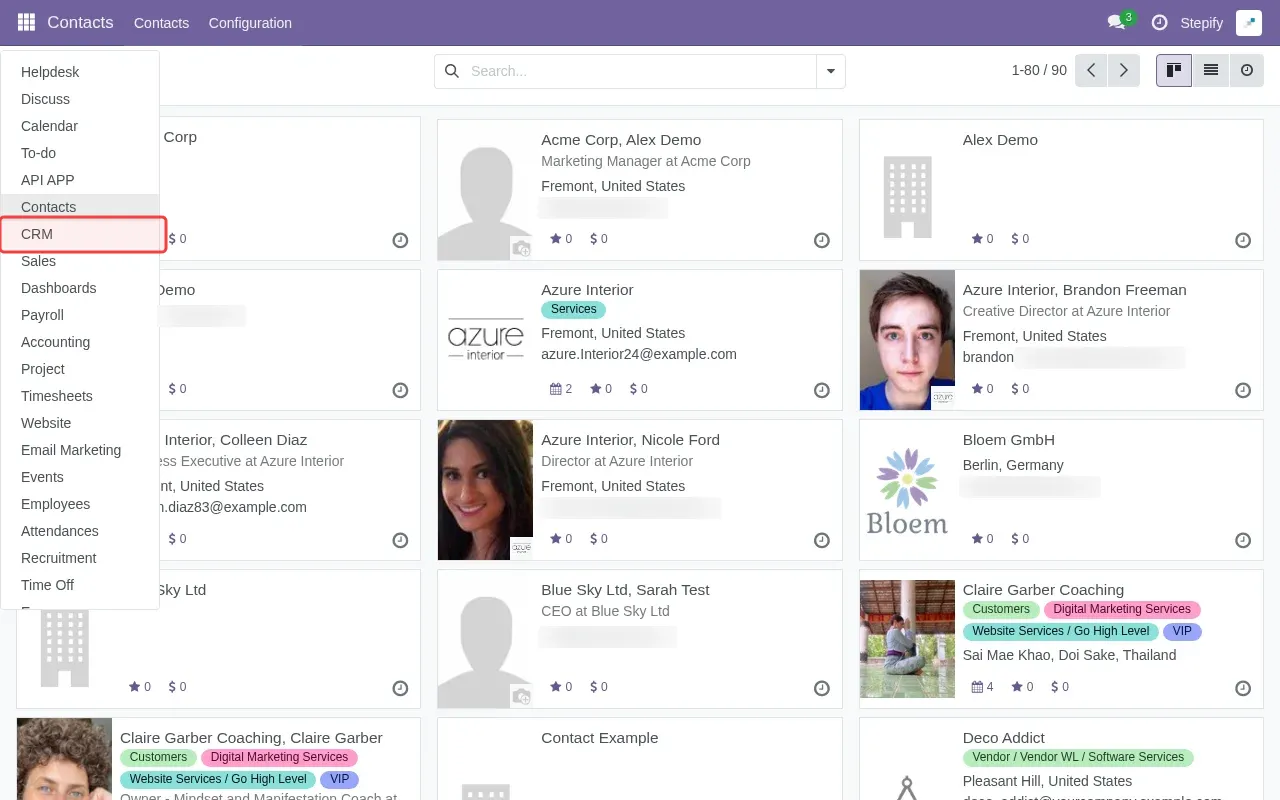 Screenshot showing clicking CRM in the sidebar to access the CRM module