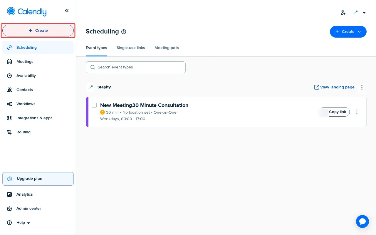 Screenshot showing clicking Create new event type in sidebar to start