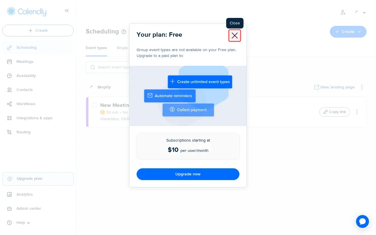 Screenshot showing closing the upgrade modal to continue
