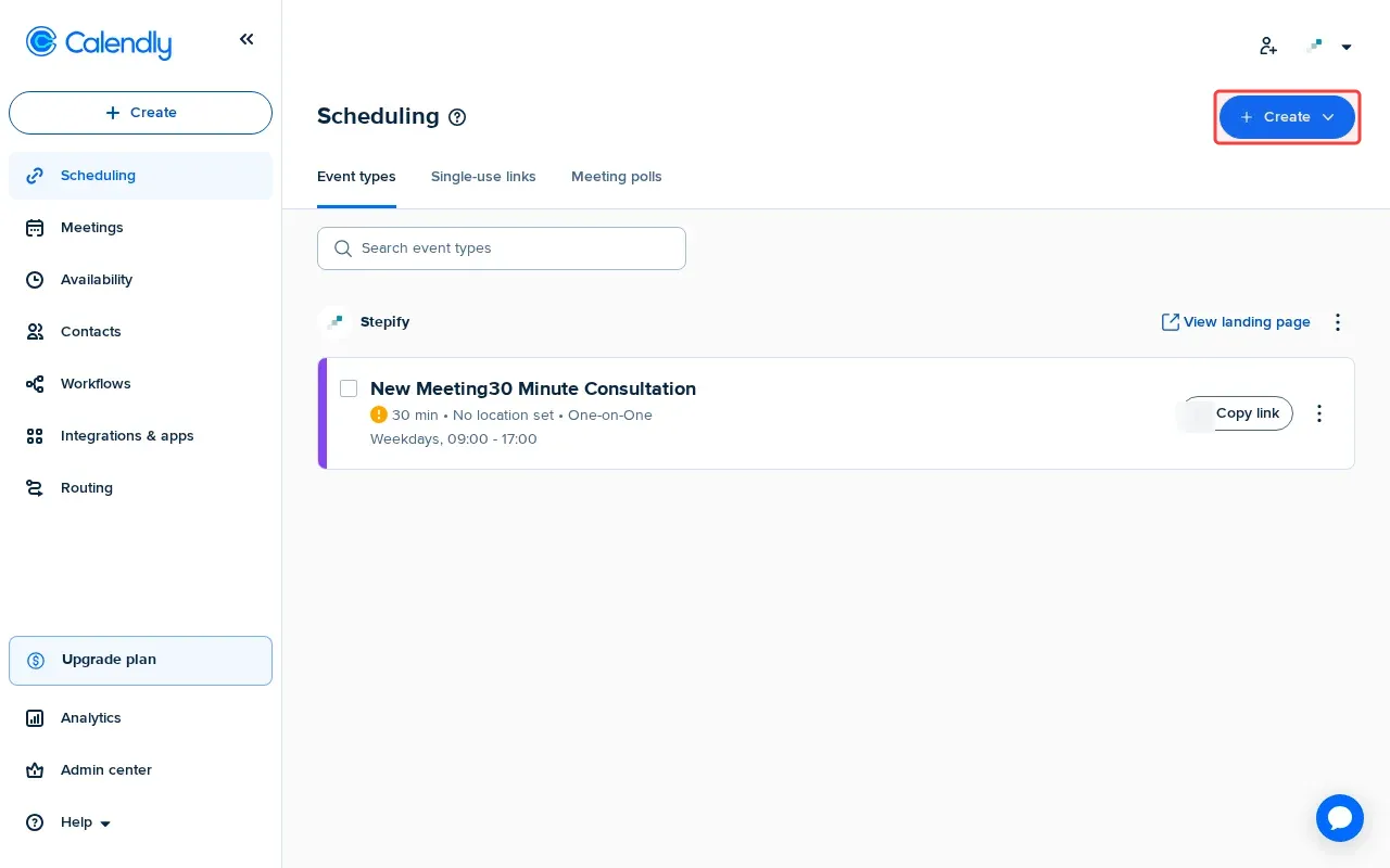 Screenshot showing clicking Create in header to open event creation options