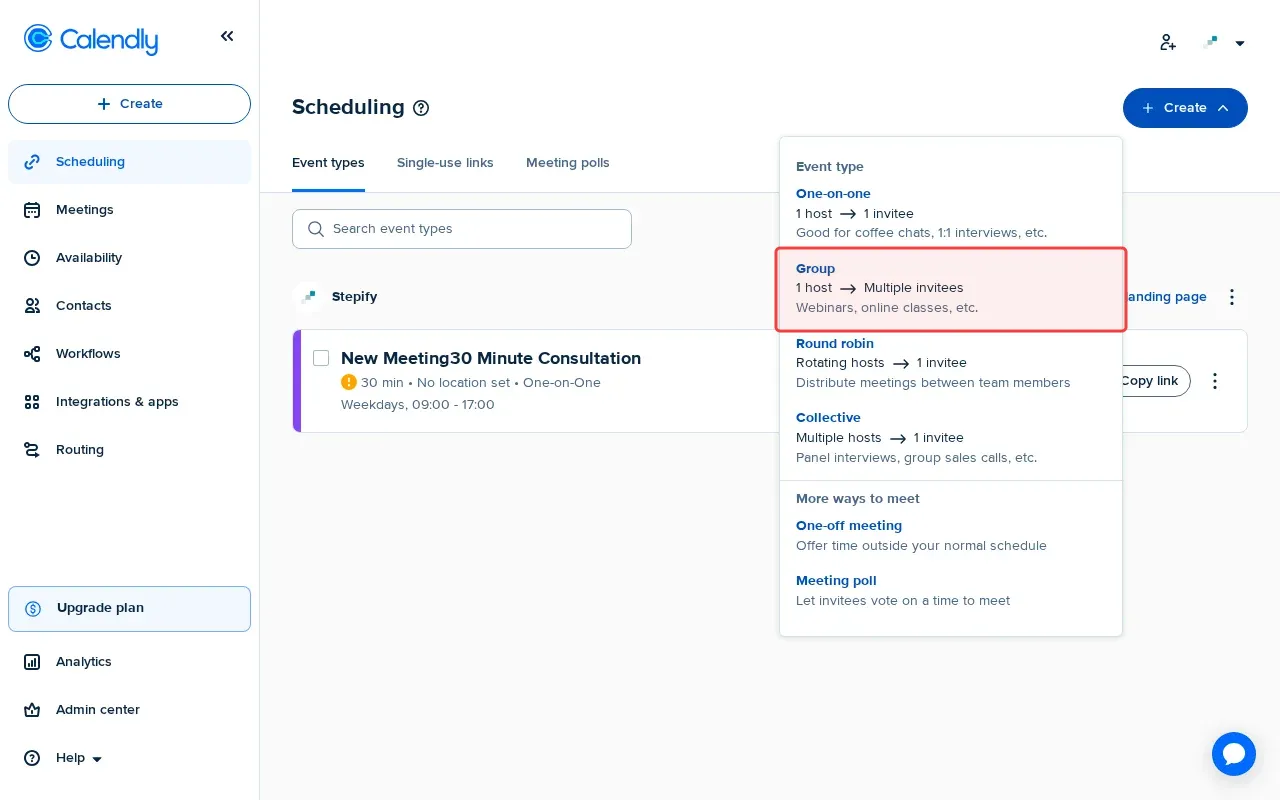Screenshot showing clicking Group to select group event type option