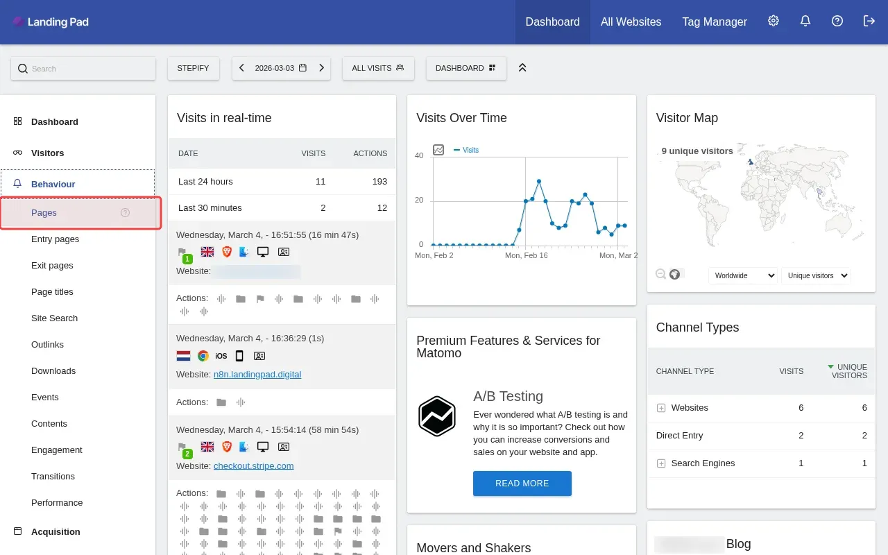 Screenshot showing clicking Pages to view user page behavior data