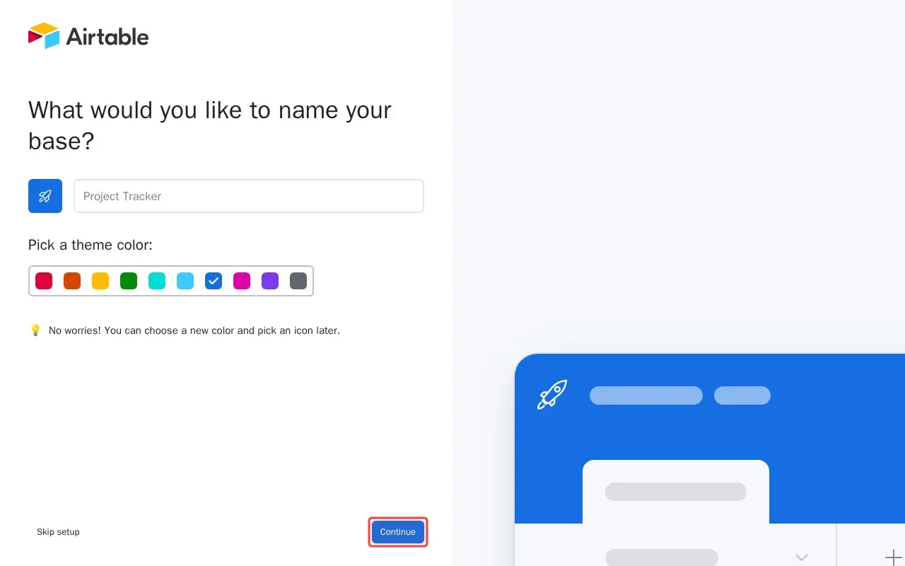 Screenshot showing clicking Continue to complete base setup
