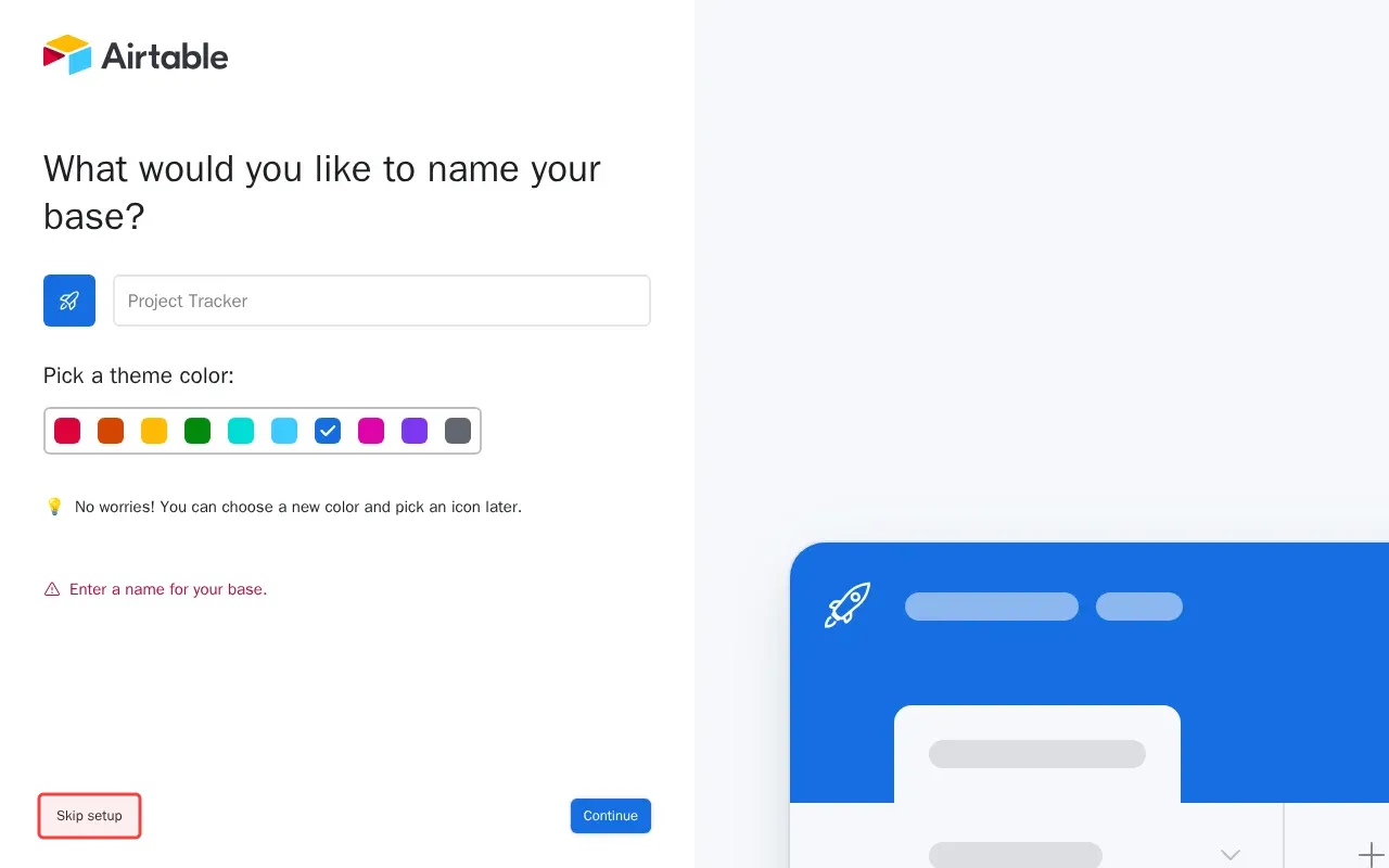 Screenshot showing clicking Skip setup to access the main interface