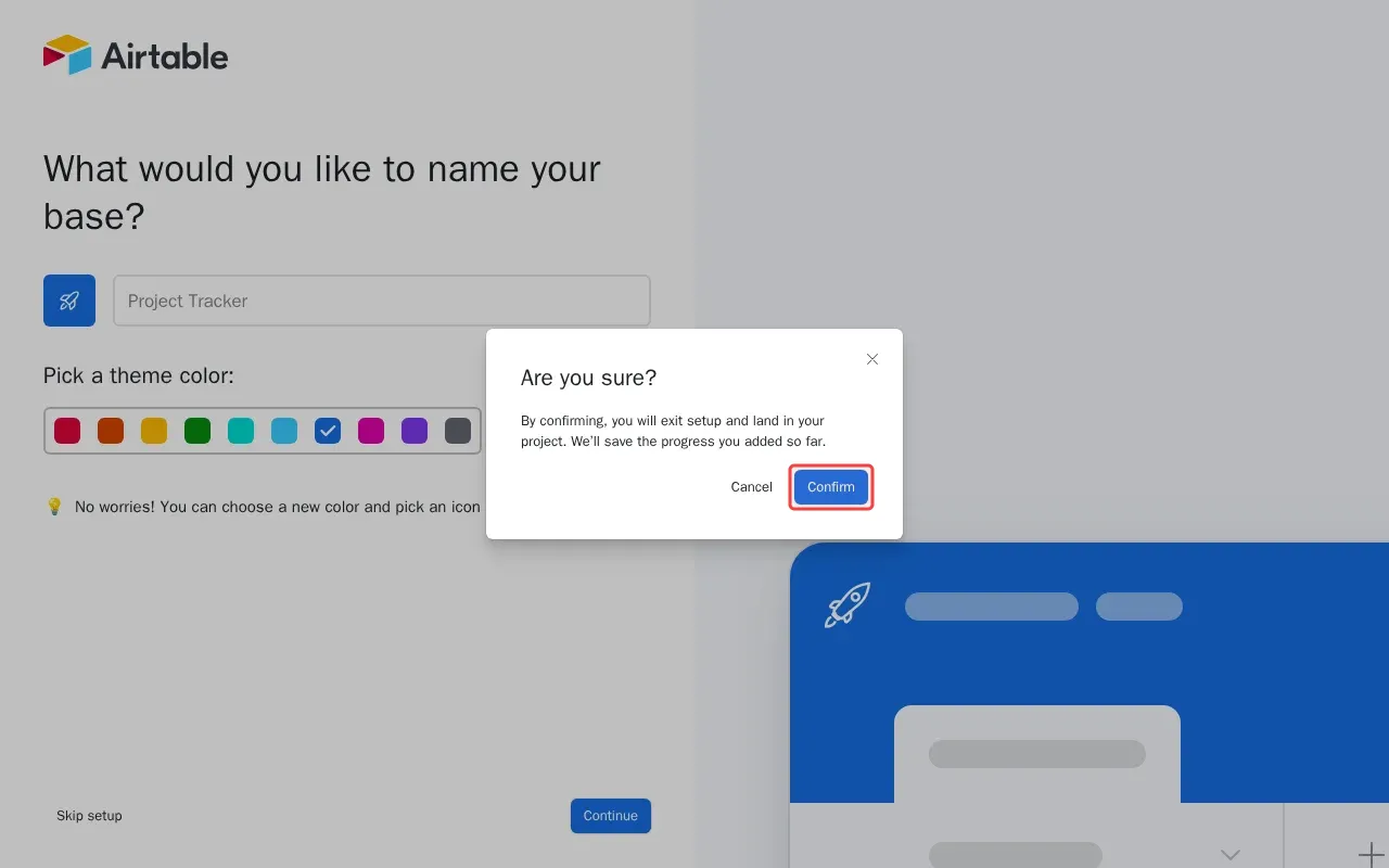 Screenshot showing clicking Confirm to complete base setup