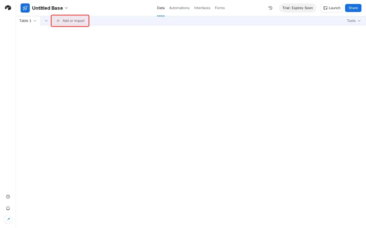 Screenshot showing clicking Add or import table to create new table